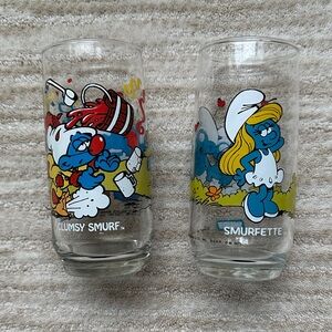 1982 Smurfette and 1983 Clumsy Smurf Glass Tumbler Peyo Wallace Berrie Hardee's